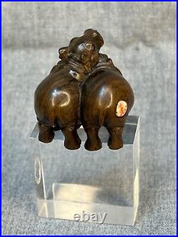 19c. Japan Meiji Netsuke Carved Ebony Precious Wood Figurine Hippo Love Couple