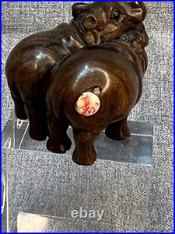 19c. Japan Meiji Netsuke Carved Ebony Precious Wood Figurine Hippo Love Couple