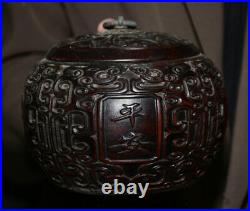 4Antique Old China Huanghuali Wood Carved Dynasty Texts lids Pot Jar Crock Pair