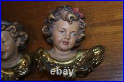 4.6 Pair Wood Hand Carved Wall Angel Putto Cherub Heads Figure Sculpture Statue