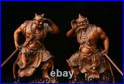 6.8 Old Chinese Boxwood Wood Carved Myth Hengha Two Door God Weapon Statue Pair