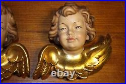 6.8 Pair Wood Hand Carved Wall Angel Putto Cherub Head Figure Sculpture Carving