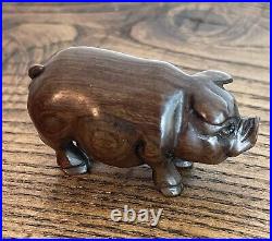 A Pair of Antique Japanese Netsuke Carved Wooden Pigs-Signed