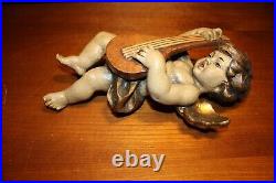 Antique 13.6 Pair Hand Carved Wood Flying Angel Cherub Putto Wall Figure Statue