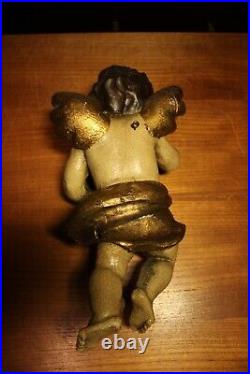 Antique 13.6 Pair Hand Carved Wood Flying Angel Cherub Putto Wall Figure Statue