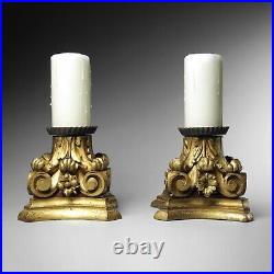 Antique 19th century pair carved gilt wood Corinthian capital candlestick holder