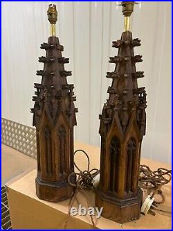 Antique 19thc. Carved wood gothic lamps, pair