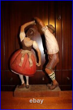 Antique 20 Pair Wood Hand Carved Black Forest Dancing Bavarian Couple Statue