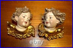 Antique 4.4 Pair Wood Hand Carved Angel Putto Cherbu Head Statue Wall Figure