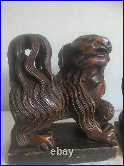 Antique Chinese Early 19th Century Pair Carved Wood Dogs Of Fo Foo Guardian Dogs