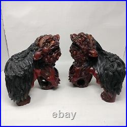 Antique Chinese Foo Dog Figures Large Hand-carved Solid Wood Male Female Pair