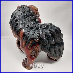 Antique Chinese Foo Dog Figures Large Hand-carved Solid Wood Male Female Pair