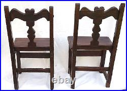 Antique Folk Art Pair Rustic Spanish Carved Wood Chairs Baluster Heart 17th C