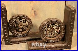 Antique French Breton Hand Carved Pediment Pair Corner Corbels Oak Wood Ornament