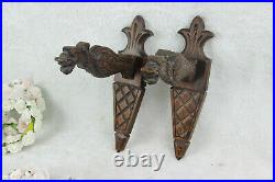 Antique French PAIR wood carved castle gothic dragon gargoyle Wall lights sconce