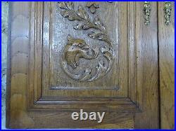 Antique French Pair Carved Wood Doors Wall Panels Solid Oak Salvage Warrior Head