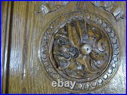 Antique French Pair Carved Wood Doors Wall Panels Solid Oak Salvage Warrior Head