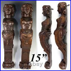 Antique PAIR of Carved Wood Caryatid Figures, 15 Tall, Cabinet or Architectural
