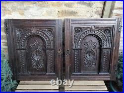 Antique Pair 23.5 carved Wooden Cabinet Doors