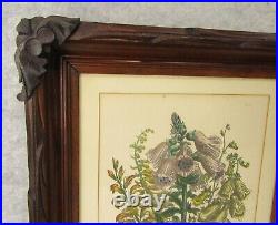 Antique Pair Botanical Floral Iris Print Wood Carved Folk Art Deep Well Frames