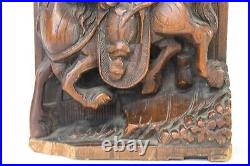 Antique Pair Chinese Wood Carved Bookends Men On Horses Bow & Arrow