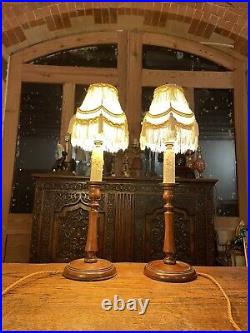 Antique Pair Of English Carved Mahogany Lamps, Jacobean Candlestick Style