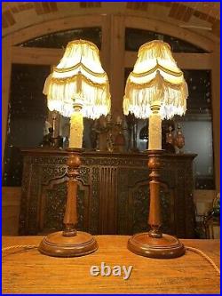 Antique Pair Of English Carved Mahogany Lamps, Jacobean Candlestick Style