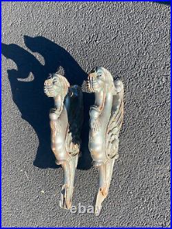 Antique Pair Of Wood Carved Winged Griffin Ornament Salvage Gothic Parts Project