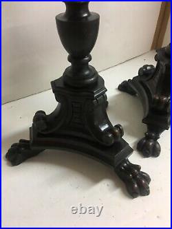 Antique Pair Wood Carved European Candle Stands Candlesticks Animal Feet