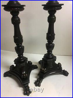 Antique Pair Wood Carved European Candle Stands Candlesticks Animal Feet