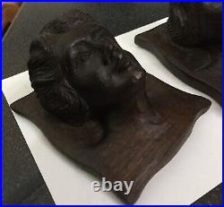 Antique Pair Wooden Carved Oak Face Plaque Man & Woman Lady English German