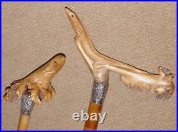 Antique Pair of Carved Lizard Walking Sticks Repousse Burmese Silver Collars