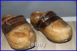 Antique Pair of Decorative Hand Carved Wooden & Leather Clogs