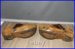 Antique Pair of Decorative Hand Carved Wooden & Leather Clogs