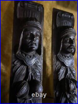 Antique Renaissance Wooden Carved Pair Panels Knight Wall Decor 19th Century