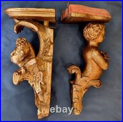 Antique Unique Pair Of Gilded Carved Wood Wall Consoles Femal & Putti Statue