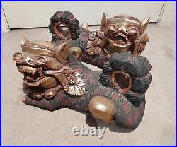 Antique large Chinese carved painted Wood Shishi Lions Foo Dogs-Pair L35 H24cm