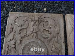 Antique pair 1800s wood carved wall panels portrait dragons birds rare