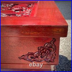 Attractive Pair Of Oriental Carved Cherry Wood Lamp / Side Tables