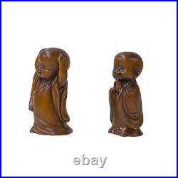 Chinese Pair Wood Carved Mini Kid Arhat Monk Lohon Figures ws3183