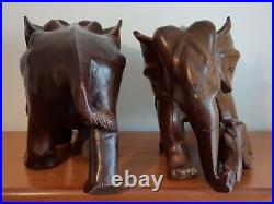 Delightful Matching Pair of Hand Carved Walnut Wood Elephants with Babies