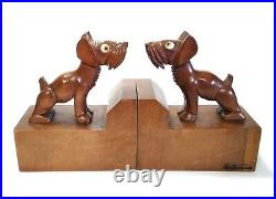Early 20th C Hand Carved Wood Dan Karner Paris Dog Bookend Pair with Glass Eyes