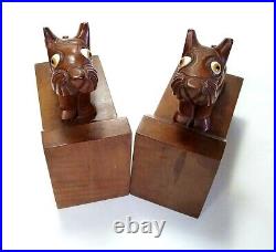 Early 20th C Hand Carved Wood Dan Karner Paris Dog Bookend Pair with Glass Eyes