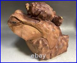 Frog Pair Figure #290 Vtg Japanese Carved Wood Mother Baby Kid Toad Sculpture