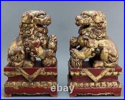 Great Pair Chinese Fu Foo Dogs Early 1900s Carved Wood Gilded with Red Base