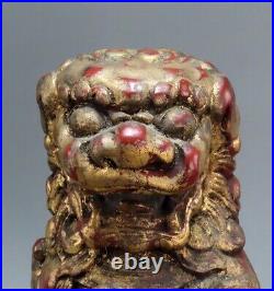 Great Pair Chinese Fu Foo Dogs Early 1900s Carved Wood Gilded with Red Base