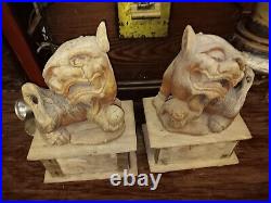 Hand Carved Wood Foo Dog Statues Pair of Asian Temple Guard Fo Dog Figurines