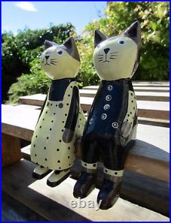 Hand Made Carved Wooden Animal Shelf Cats Cat Couple Boy Girl Ornaments Set Of 2