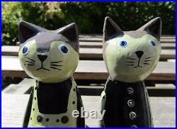 Hand Made Carved Wooden Animal Shelf Cats Cat Couple Boy Girl Ornaments Set Of 2