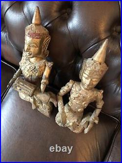 Hanging Pair of Thai Siamese Musicians Gold Gilt Wood Carved Jewelled Antique